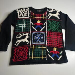 Charter Club Vintage Ski Sweater Women’s M Patchwork Reindeer Snowflake 90s Knit